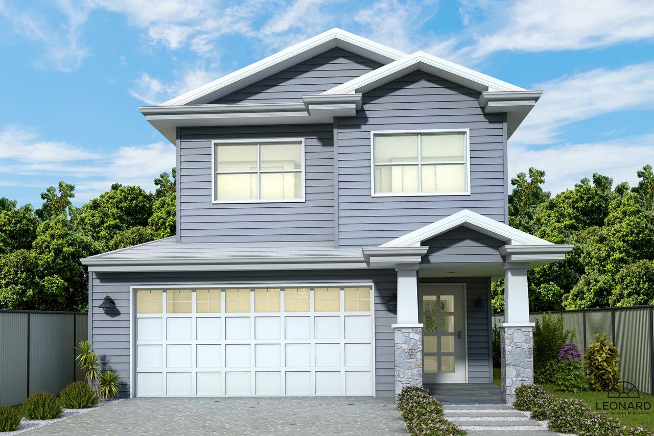 A Hamptons-style double storey home (the Coolum 305) designed and built by Leonard Homes. Coolum 305 has grey cladding, white trim and a white double garage door.