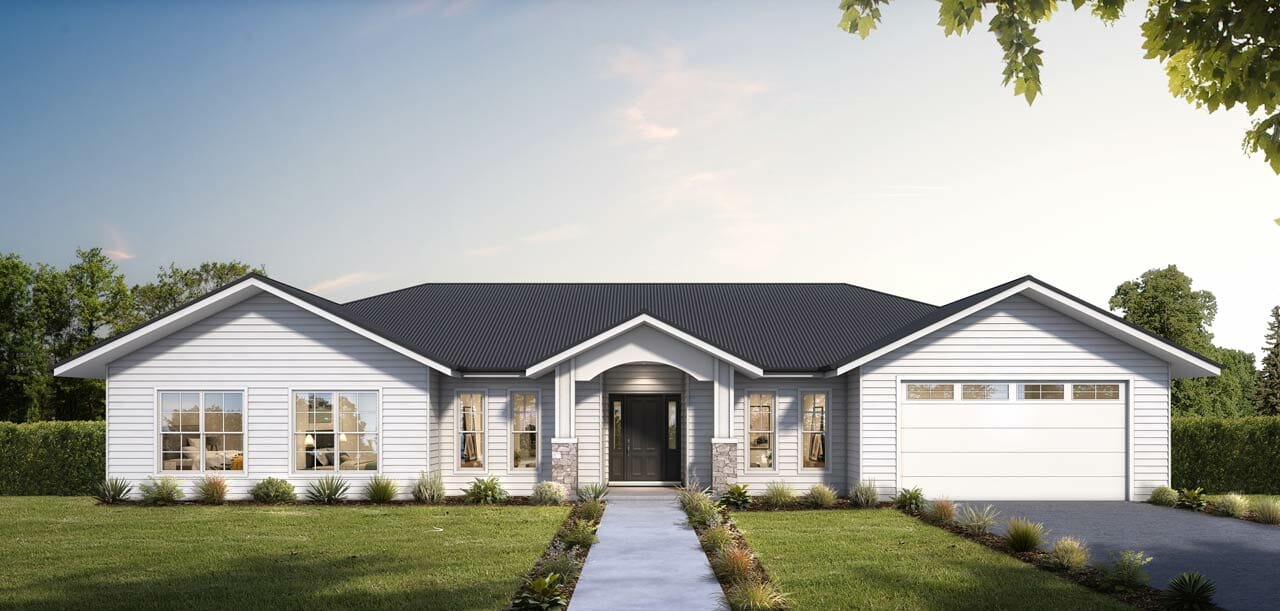 The exterior of the Forestdale 300, a modern acreage home designed and built by Leonard Homes. The single storey home features a wide front path, white cladding, a dark grey COLORBOND roof and a green front lawn.
