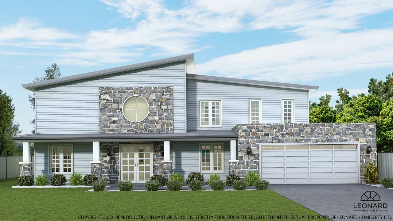 A CAD of the Hamptons-style double storey home ‘Kingscliff 300’. Designed by Leonard Homes, it features stacked stone cladding, grey weatherboard cladding, white window frames and a white double garage door.