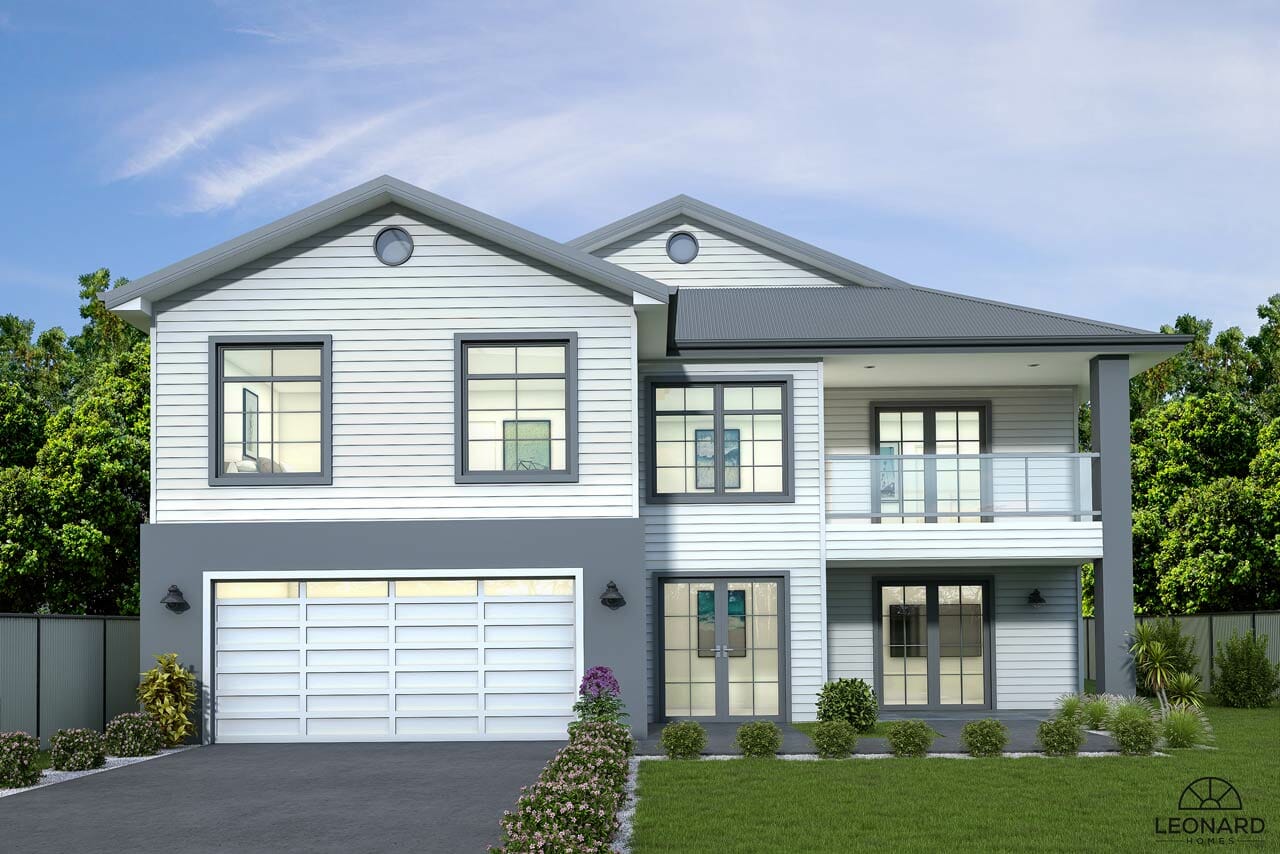 A CAD showing the Leonard Homes Manly 571 design. The double-storey Hamptons-style house is clad in white weatherboard with grey trim and a white double garage door.