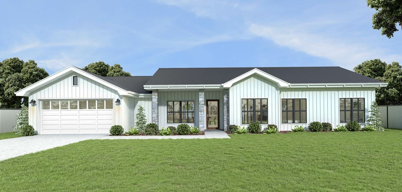The Pullenvale 276 modern acreage home, designed by Queensland project builders Leonard Homes. The design features white cladding, a dark grey COLORBOND roof and large windows with dark grey trim.