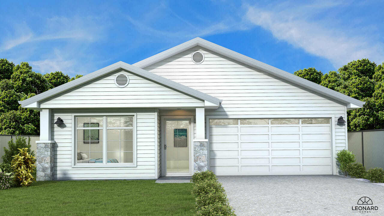 The exterior of the Waterford 200 home, designed by project home builders, leonard Homes. The house is white Hamptons-style, with a green front lawn.