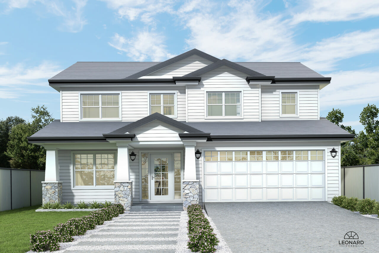 The exterior of the Wishart 280 two-storey home, designed by QLD and NSW builders, Leonard Homes. Featuring white weatherboard cladding, white window frames and a white double garage door.