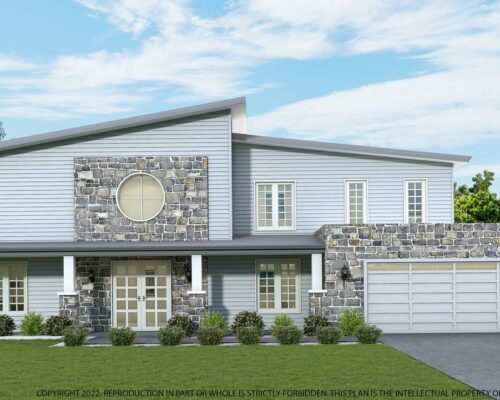 A CAD of the Hamptons-style double storey home ‘Kingscliff 300’. Designed by Leonard Homes, it features stacked stone cladding, grey weatherboard cladding, white window frames and a white double garage door.